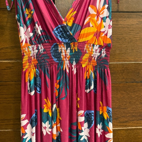 Lildy Large XL Floral Midi sun Dress Pink Orange Hawaiian tropical coverup beach - Picture 2 of 9